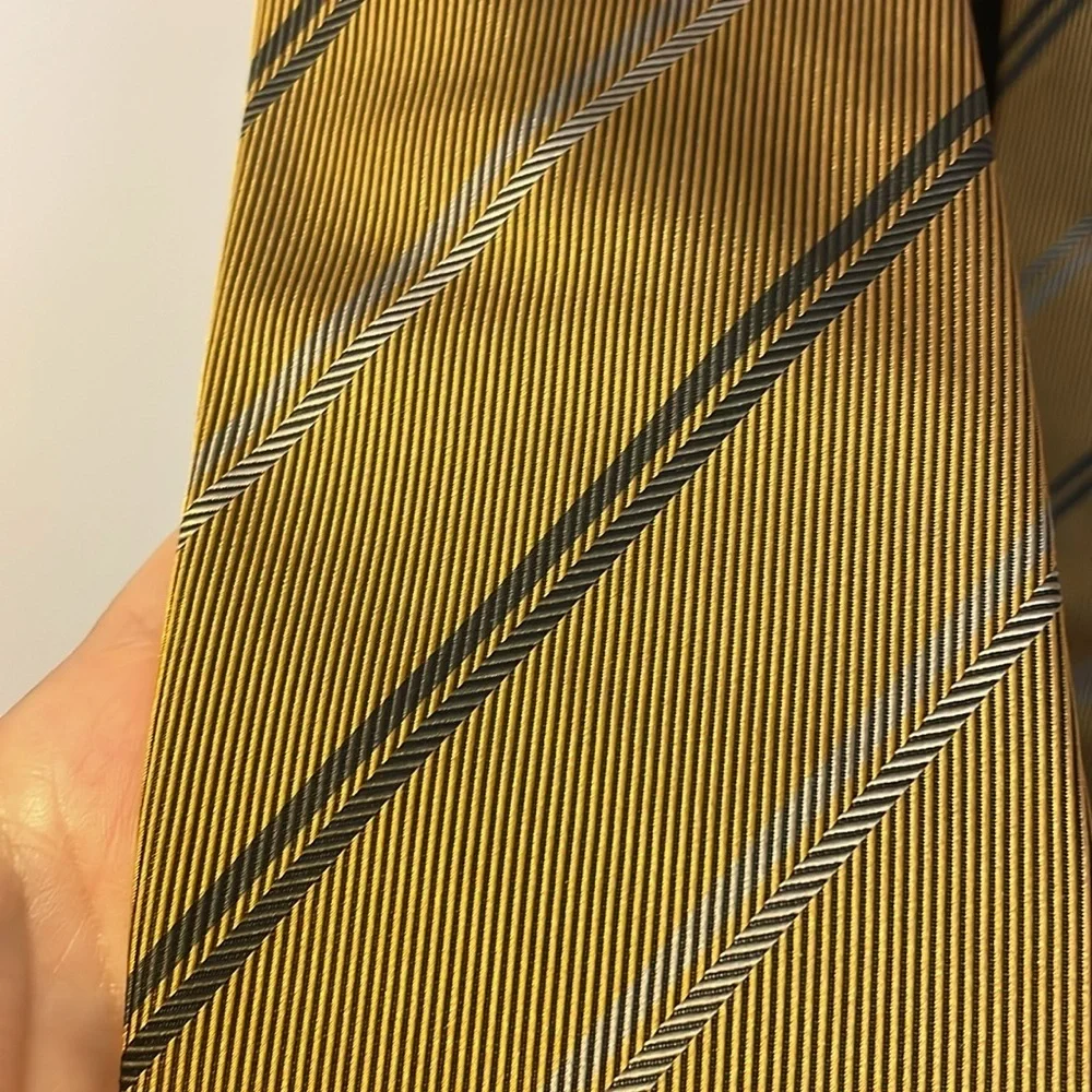 Burberry London Gold Yellow Striped and Logo Silk Necktie Tie